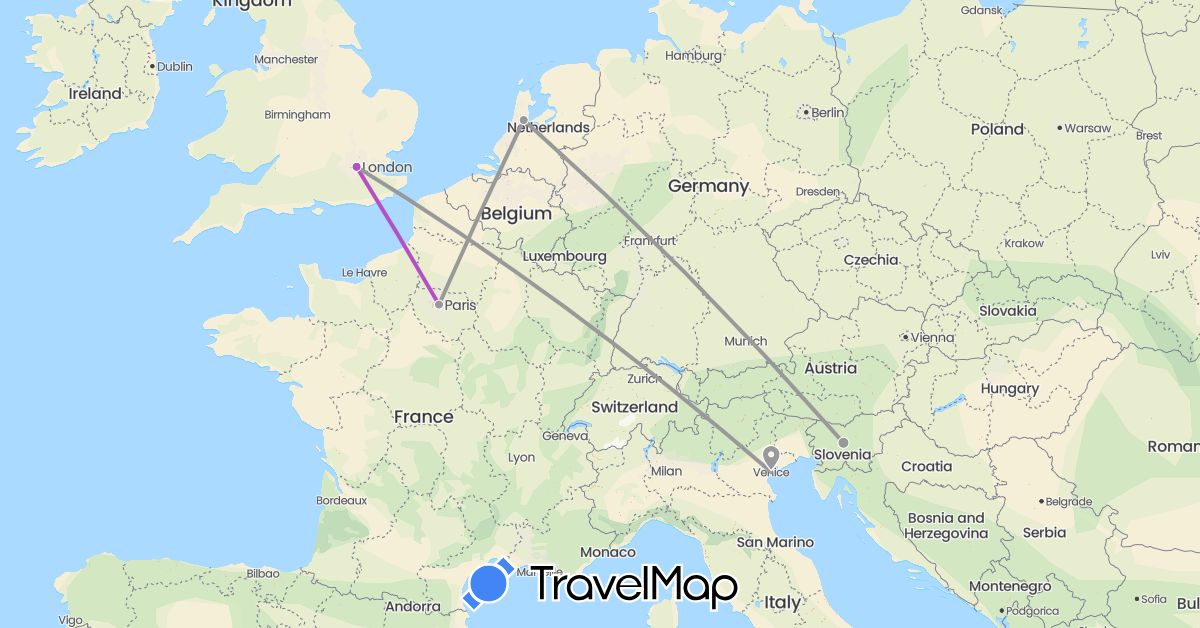 TravelMap itinerary: driving, plane, train in France, United Kingdom, Italy, Netherlands, Slovenia (Europe)